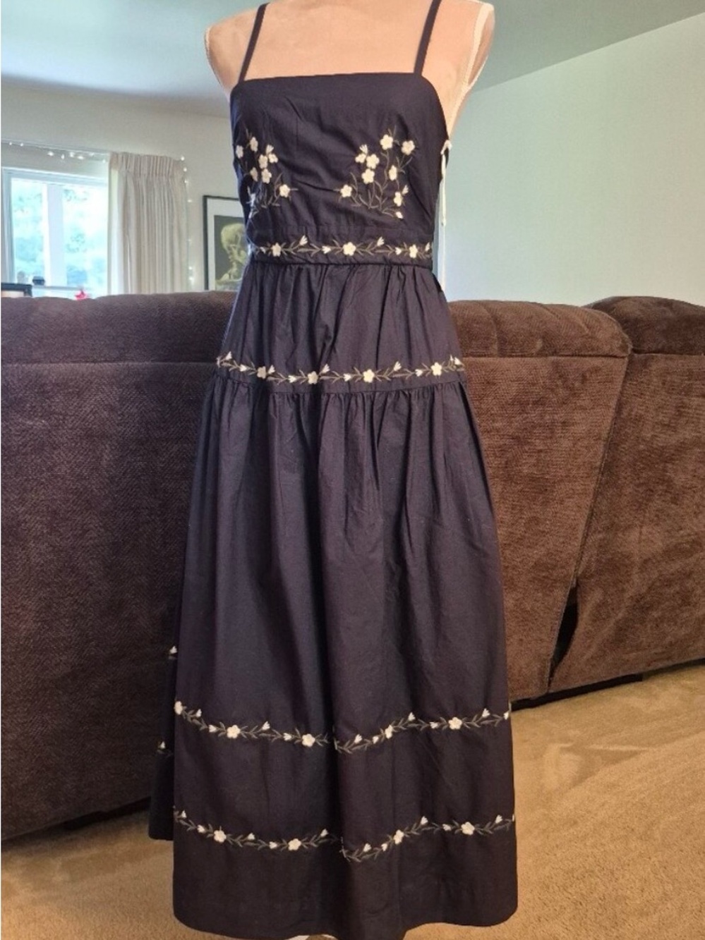 Navy Spaghetti-Strap Embroidered Maxi Dress